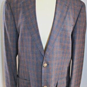 Mens Plaid Blazer Sport Coat Wool Blend Navy Blue Brown